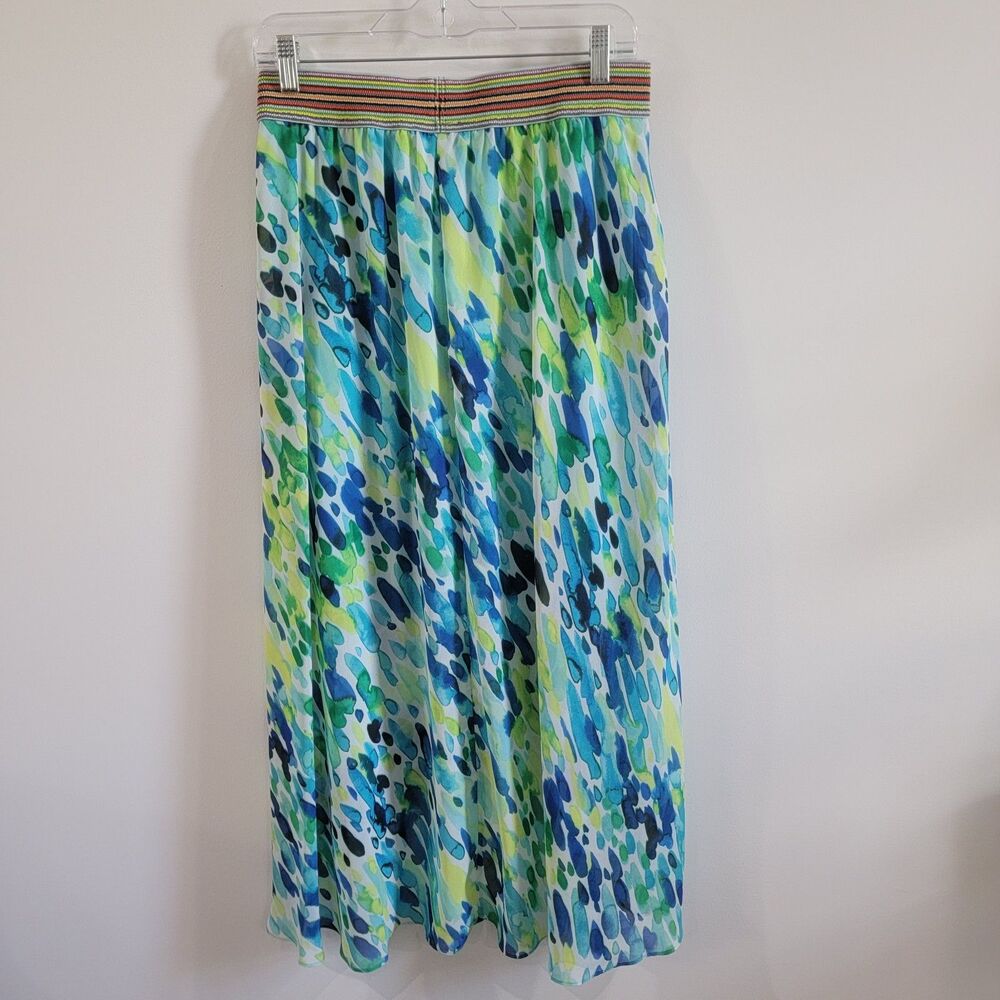 Melissa Paige Womens Midi Skirt High Low Size Small Green Blue Colorful Beachy